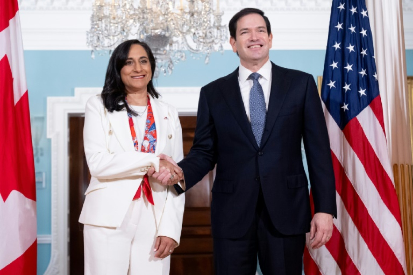 Le secrétaire d'Etat américain Marco Rubio et la ministre canadienne des Affaires étrangères Anita Anand, à Washington, le 21 août 2025 © SAUL LOEB