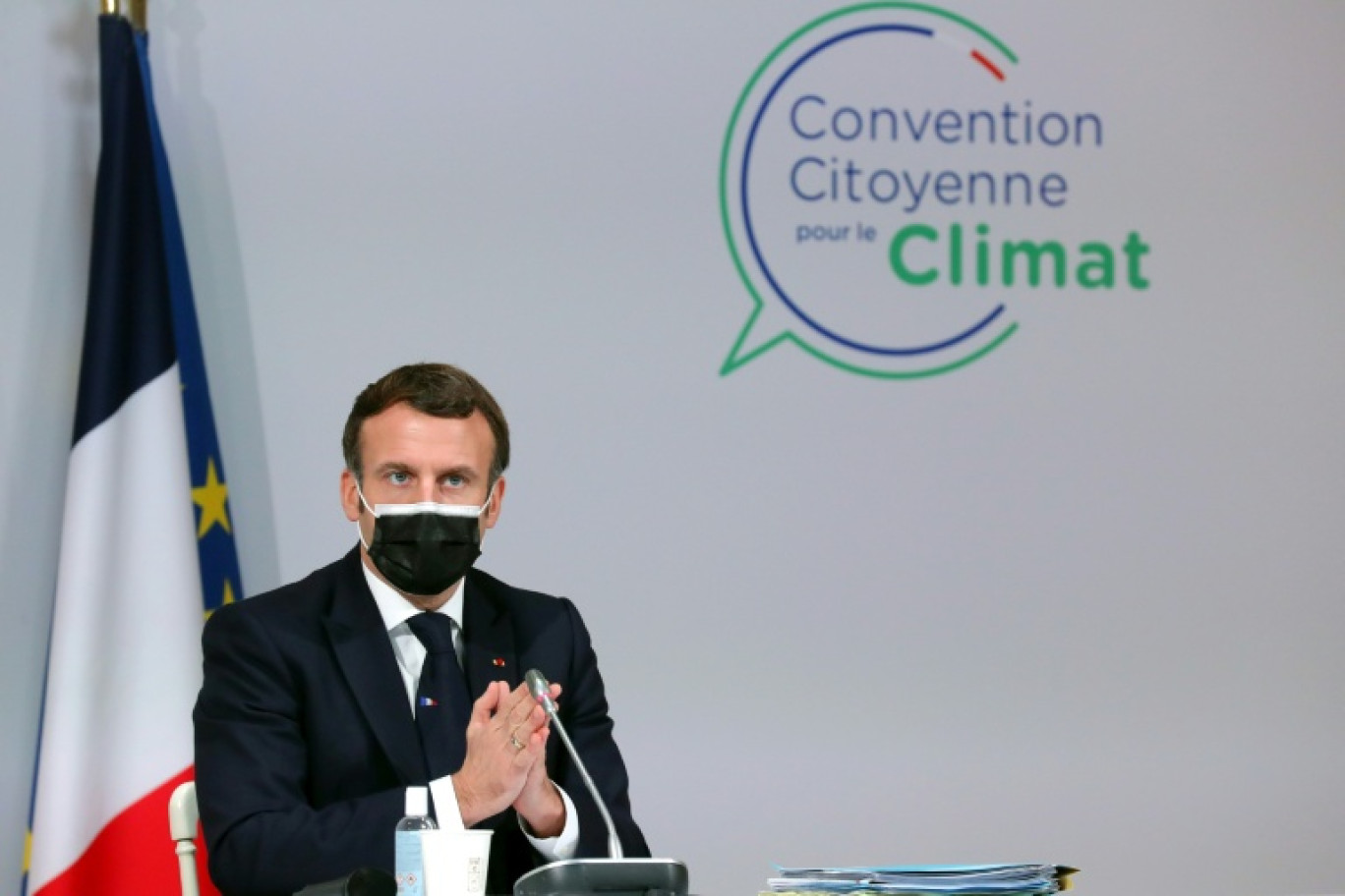 Le président Emmanuel Macron devant les membres de la Convention citoyenne pour le climat, Paris, le 14 décembre 2020 © Thibault Camus