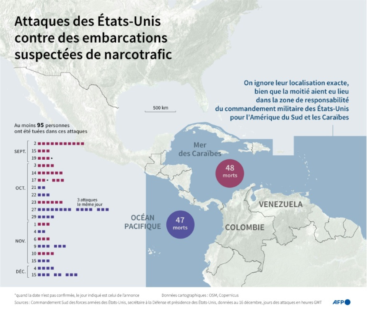Carte montrant les zones où les Etats-Unis ont mené des attaques contre des embarcations suspectées de narcotrafic dans la mer des Caraïbes et l'océan Pacifique depuis le 2 septembre 2025, au 16 décembre © Omar KAMAL