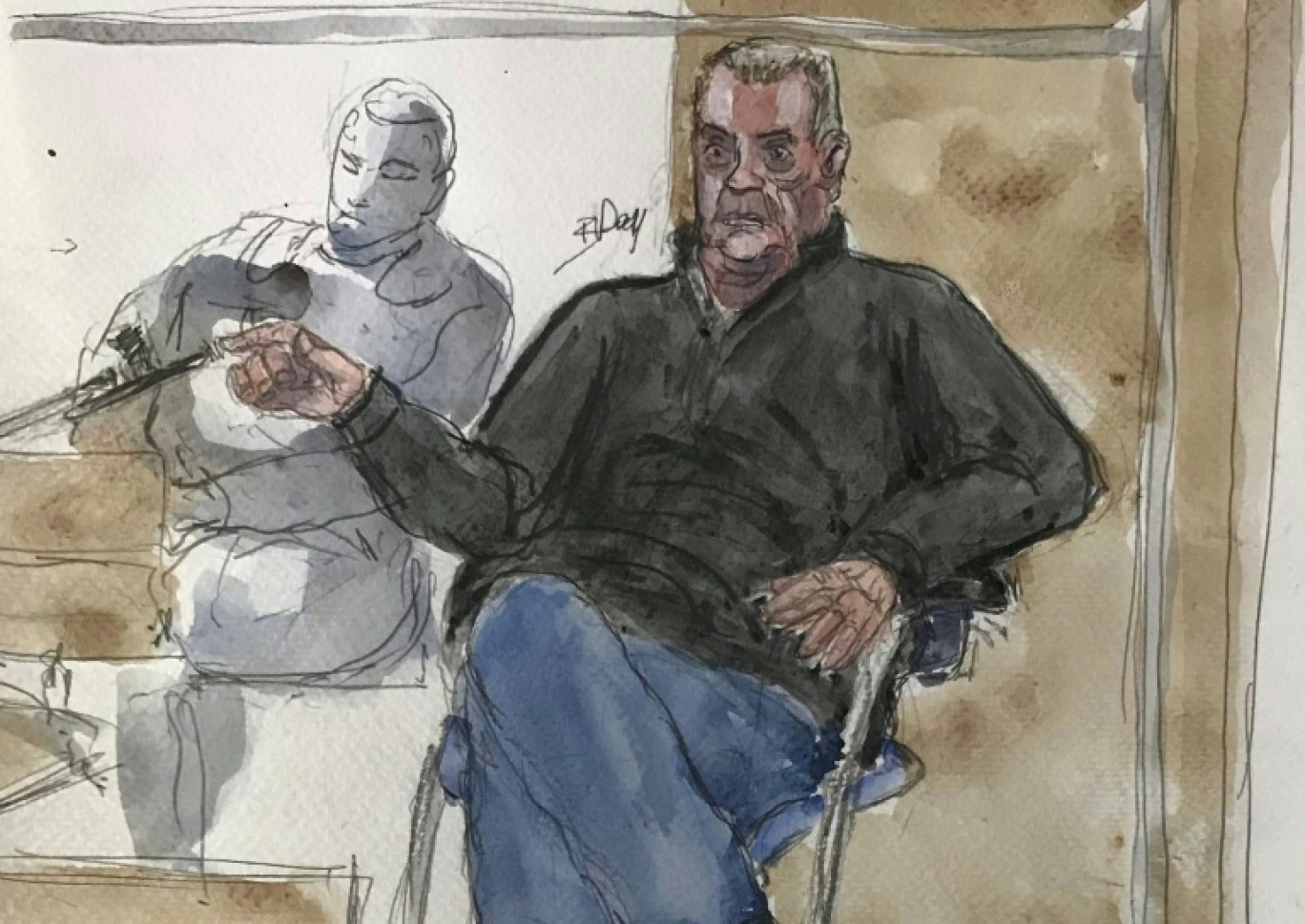 Croquis d'audience, du 17 septembre 2024, montrant l'accusé Dominique Pelicot lors de son procès au tribunal d'Avignon, accusé d'avoir drogué sa femme Gisèle afin de la violer et de la livrer à des dizaines d'inconnus dans leur maison de Mazan, dans le Vaucluse © Benoit PEYRUCQ