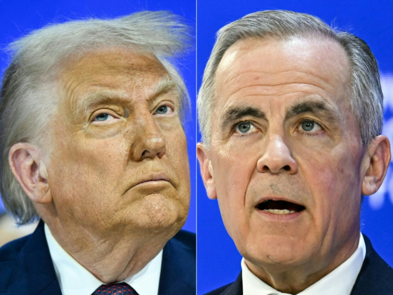 Combinaison d'images montrant, à gauche, le président américain Donald Trump à Davos, en Suisse, le 22 janvier 2026, et, à droite, le Premier ministre canadien, Mark Carney, dans la même ville, le 20 janvier 2026 © Mandel NGAN
