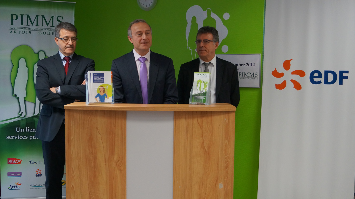 Yves Vanlenbergh Président du PIMMS Artois, Luc Denis Directeur EDF, Michel Gonord Président des PIMMS au niveau national ont rappelé les missions du PIMMS et celle d’EDF.