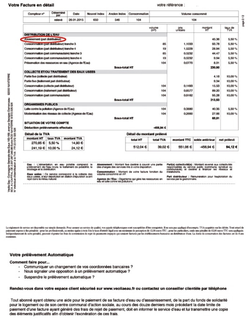 Sur une facture, il existe une part incompressible - l’abonnement d’environ 60€ TTC sur le bassin Artois-Picardie -, puis une part variable qui dépend de la consommation totale.