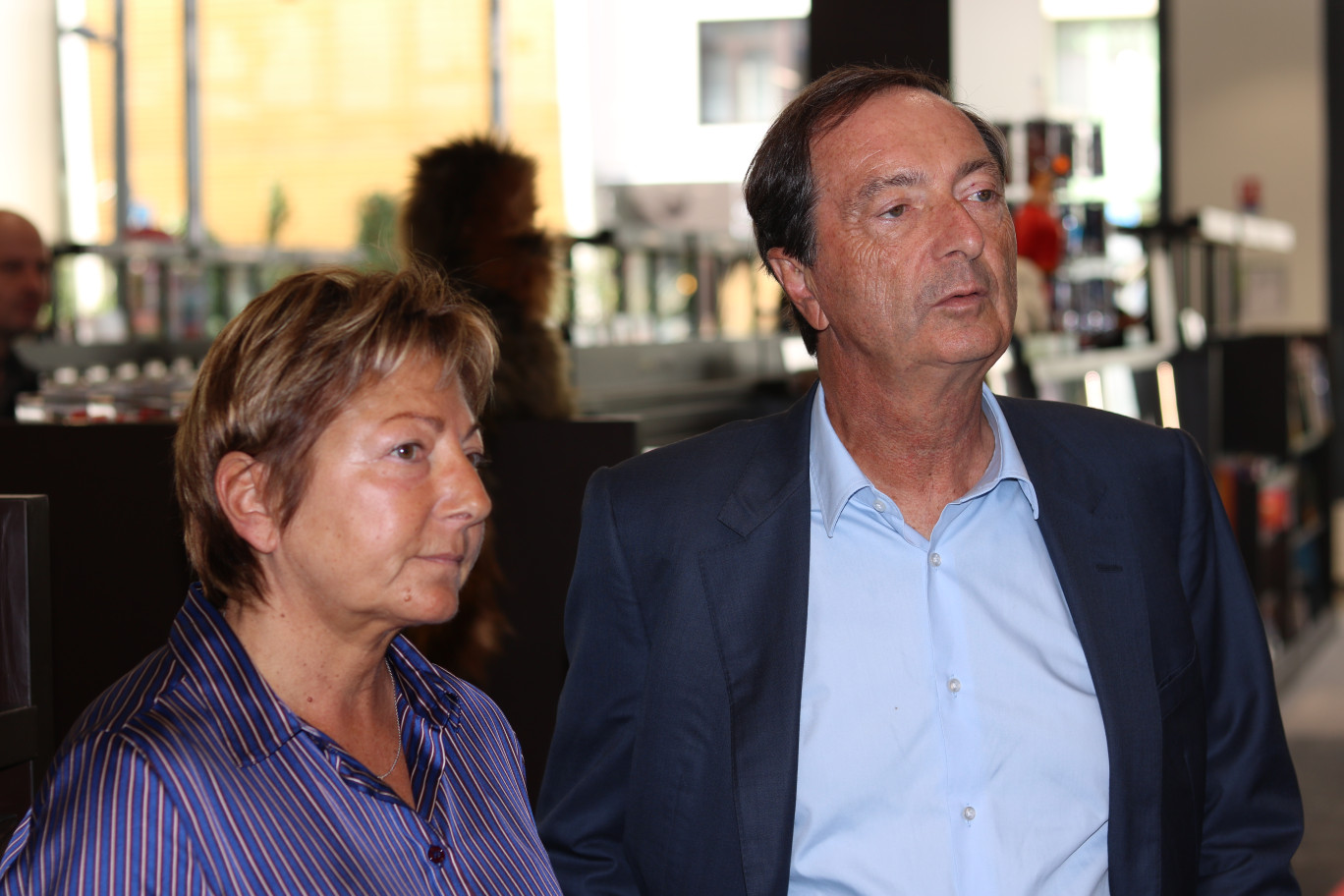 « Michel-Edouard Leclerc en présence de Natacha Bouchart pour l'inauguration du centre culturel Leclerc à Calais Cœur de Vie ».