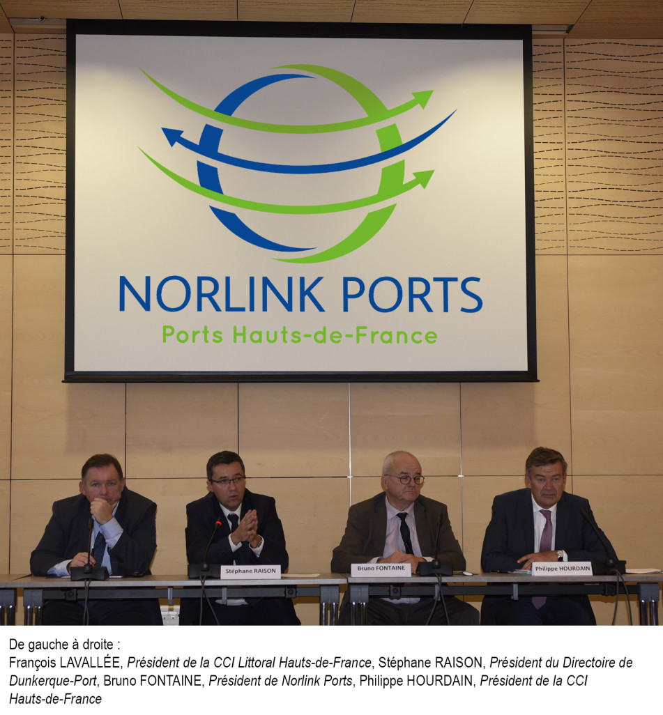 (De g. à d.) François Lavallée, président de la CCI Littoral Hauts-de-France ; Stéphane Raison, président du directoire de Dunkerque-Port ; Bruno Fontaine, président de Norlink Ports et Philippe Hourdain, président de la CCI Hauts-de-France.