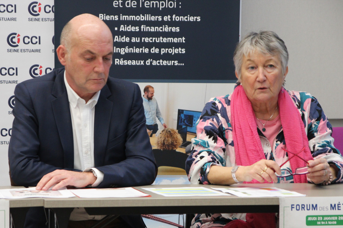 Crédit BD Aletheia Press, « Philippe Lefebvre (CCI Caux Estuaire) et Marie-Françoise Loison (Caux Seine Agglo) lors de la présentation à la presse de la 12ème édition du Forum des Métiers »