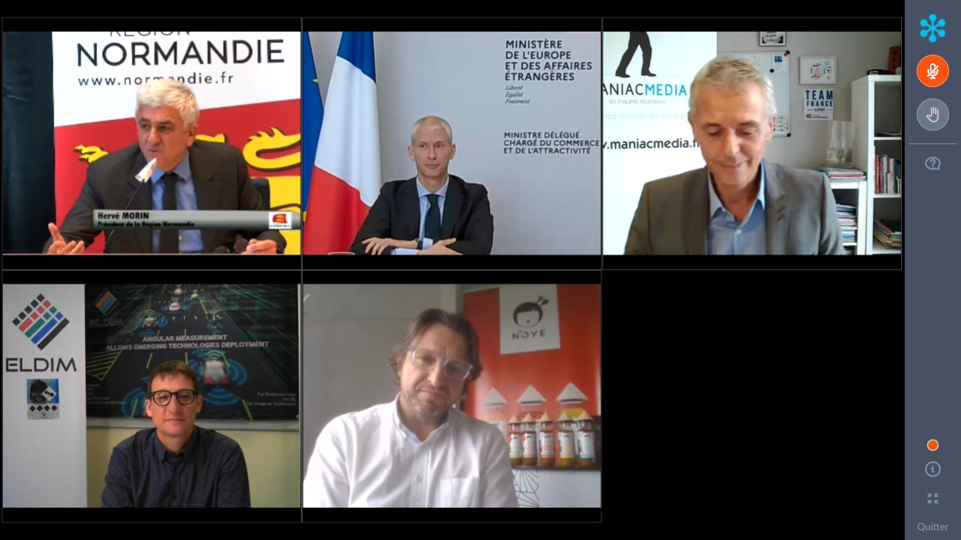 ©Aletheia Press / B.D. Hervé Morin (en haut à g.) et son « copain Franck Riester » (en haut au centre) ont présenté les outils déployés en faveur de l’export en France et en Normandie. (en bas) Vincent Leroux (à g.) et Jean-Pierre Boucey (au centre) ont témoigné de l’opportunité de ces outils.