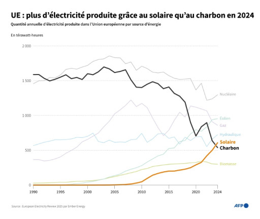 Electricité: l'énergie solaire supplante pour la première fois le charbon dans l'UE en 2024