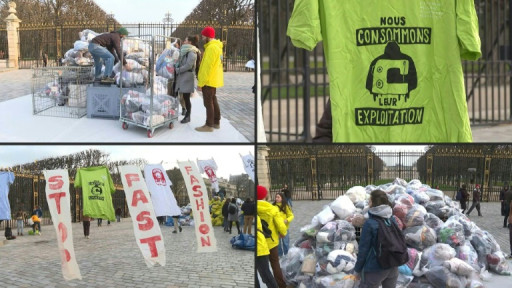 Des déchets textiles amassés près du Sénat pour relancer le débat sur la "fast fashion"